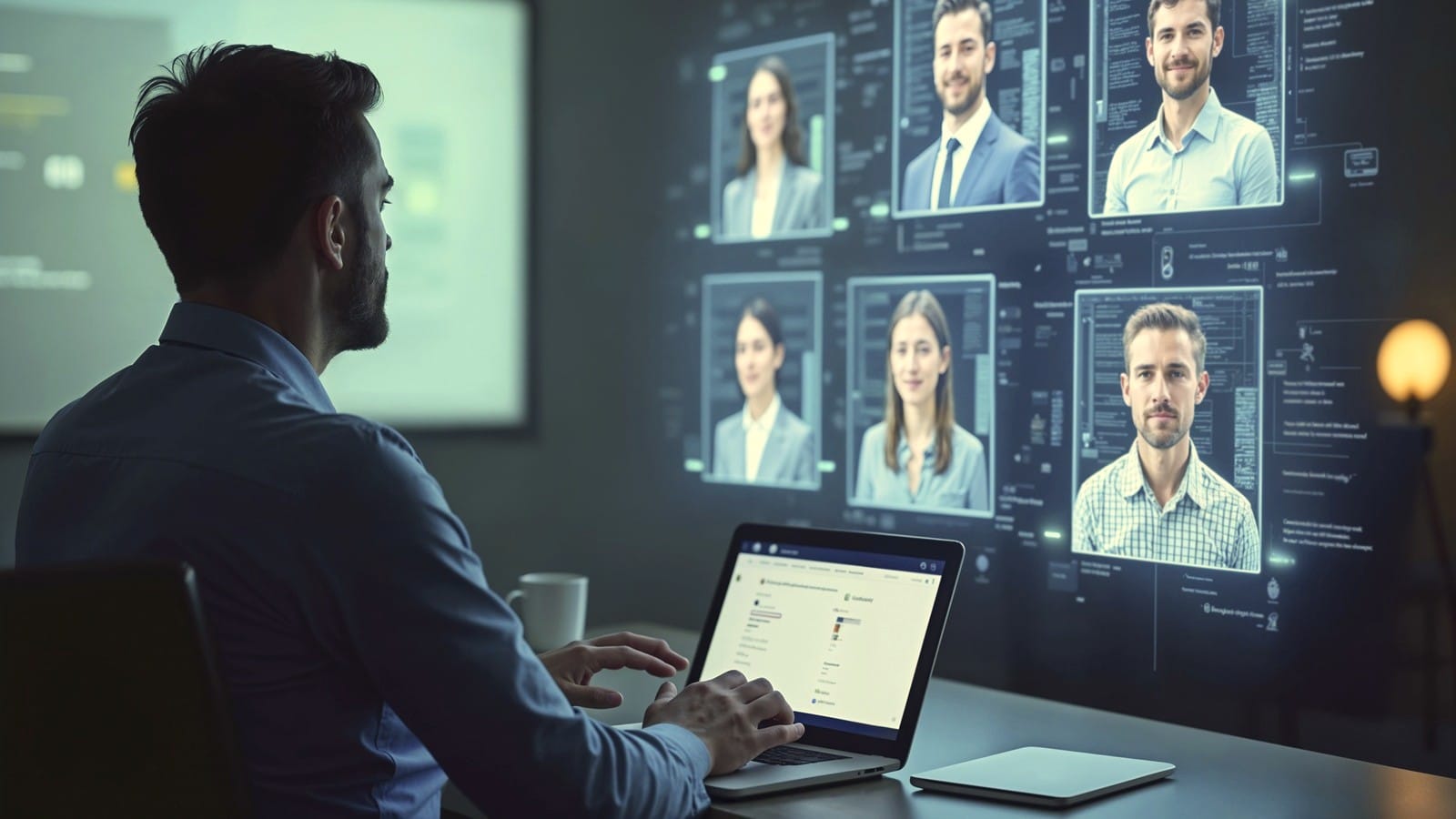 Profissional de Recursos Humanos utilizando tecnologias digitais para gestão de pessoas em ambiente corporativo moderno.